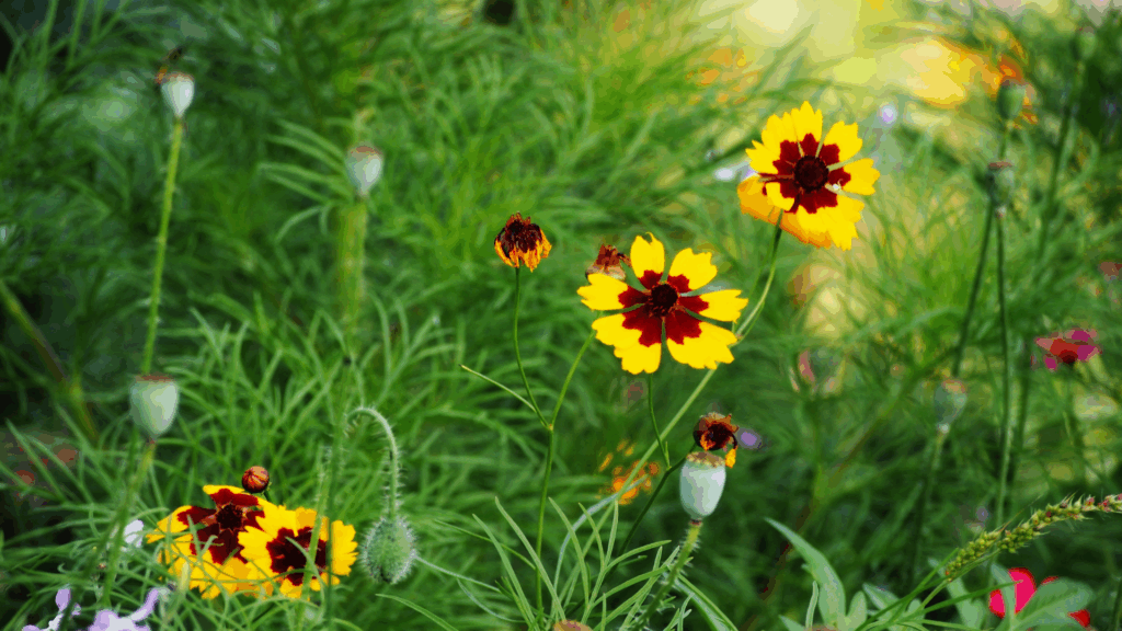 close up shot of yellow & brown red coreopsis flowers among wild flowers and green background